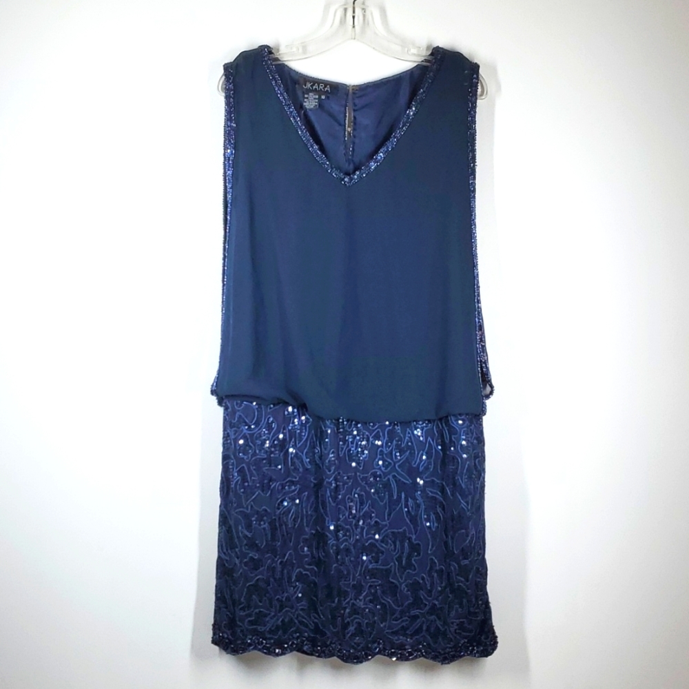 J Kara 6354N Navy Beaded Sequin Blouson Cocktail Dress Size 10 NWT